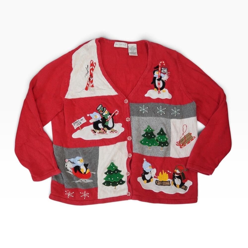 Vintage 90s White Stag Red Christmas Penguin Snow Cardigan Sweater XL
